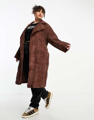 Daisy Street Plus midi corduroy coat with tie wrap waist in chocolate-Brown