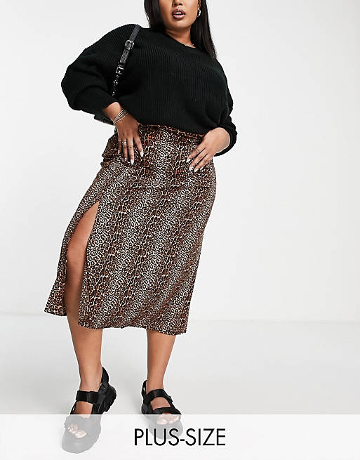  Daisy Street Plus midi skirt with thigh split in grunge leopard 