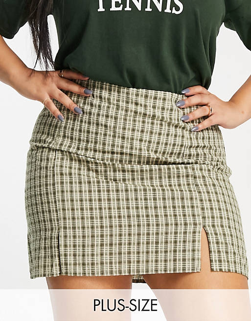 Daisy Street Plus mini a-line skirt with thigh split in green micro check