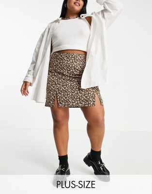 Daisy Street Plus Daisy Street Plus mini a-line skirt with thigh split in grunge ditsy floral-Brown