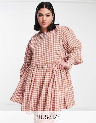 Daisy Street Plus Daisy Street Plus mini smock dress in micro pink brown check-Multi