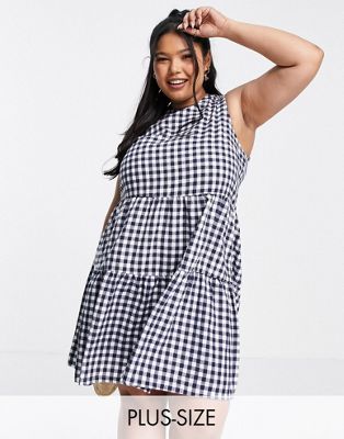 Daisy Street Plus mini smock dress with tiered skirt in gingham