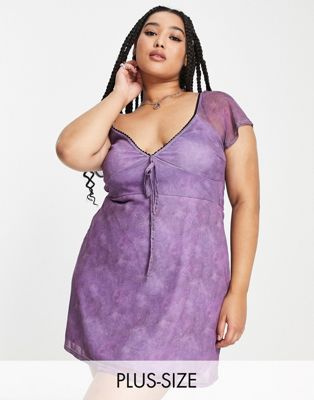 Daisy Street Plus mini tea dress in purple mesh