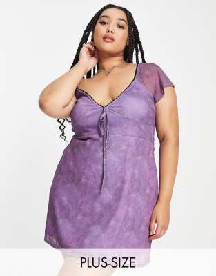 Daisy Street Plus mini tea dress in purple mesh