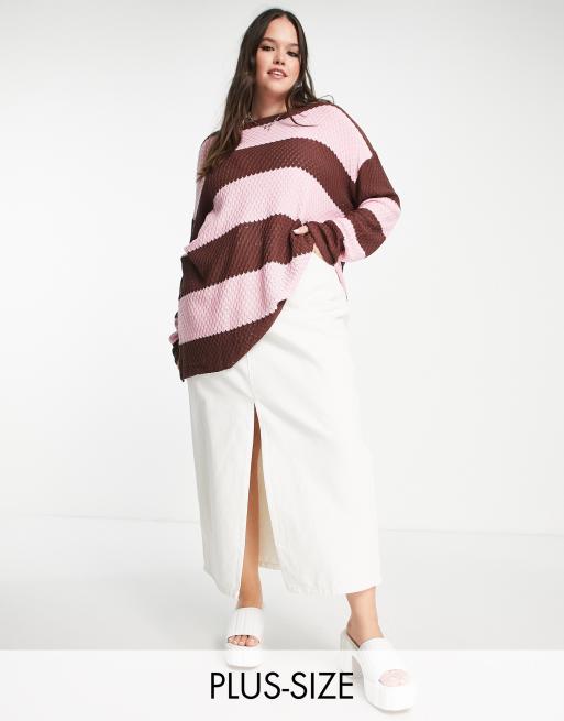 Daisy Street Plus – Oversize-Pullover aus weitmaschigem Strick in Braun-Rosa gestreift