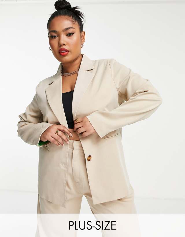 Daisy Street Plus oversized boyfriend blazer in tan with contrast lining - part of a set