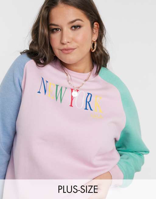 Daisy Street Plus Oversized Colour Block Raglan Sweatshirt With Vintage New York Print Asos