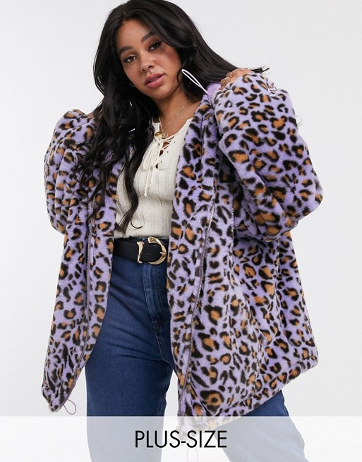 Daisy Street Plus oversized hoodie in bright leopard faux fur