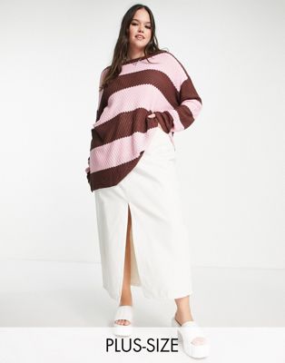 Daisy Street Plus oversized open knit jumper in brown pink stripe | ASOS
