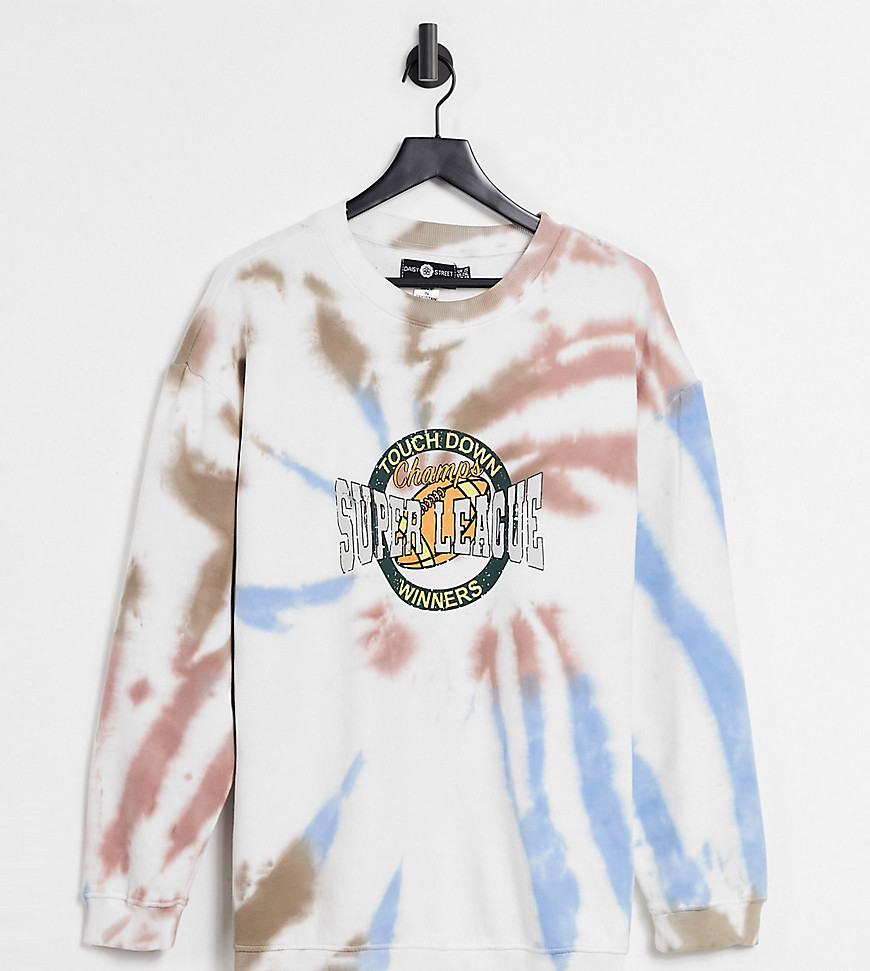 Daisy Street Plus oversized sweatshirt in grunge tie dye with super league graphic set-Multi