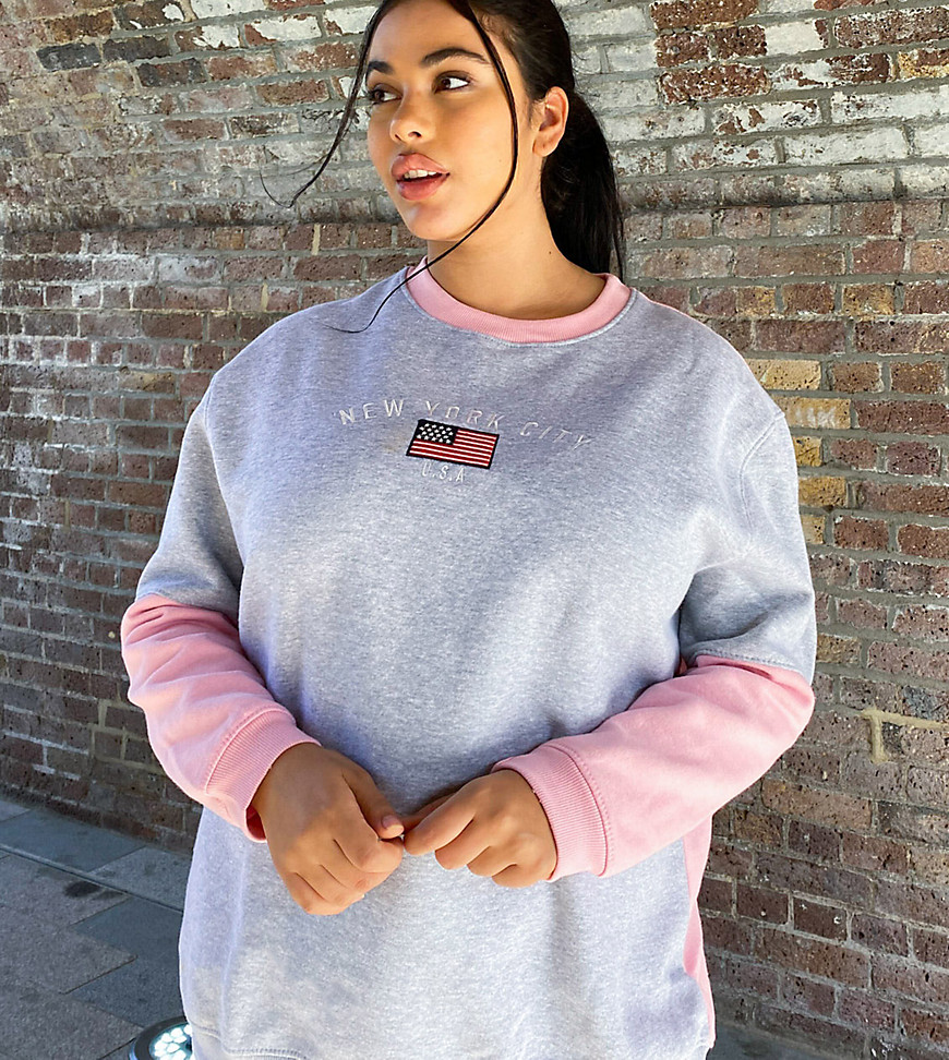 Daisy Street Plus oversized sweatshirt with new york embroidery in color block-Grey