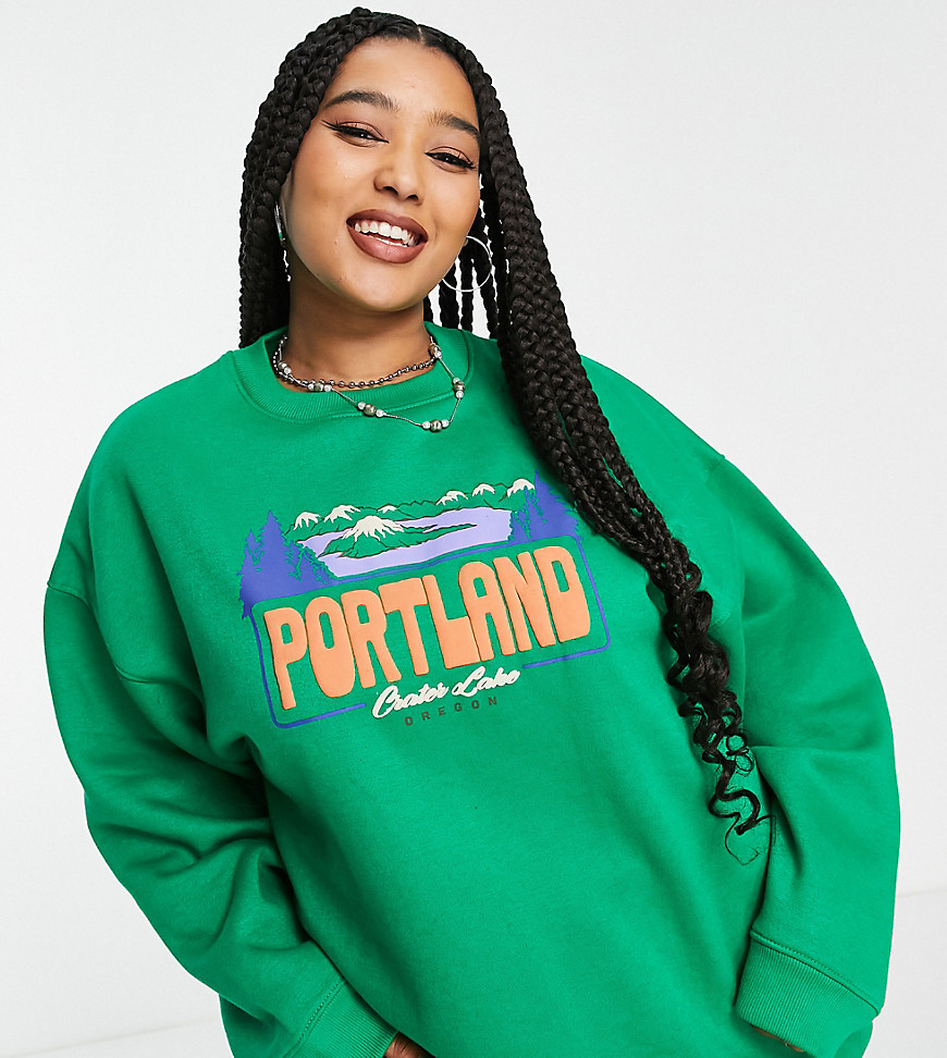 Daisy Street Plus oversized sweatshirt with puff portland graphic-Green