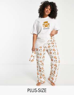 Daisy Street Plus oversized t-shirt and pyjama bottoms set with eye mask in bear print