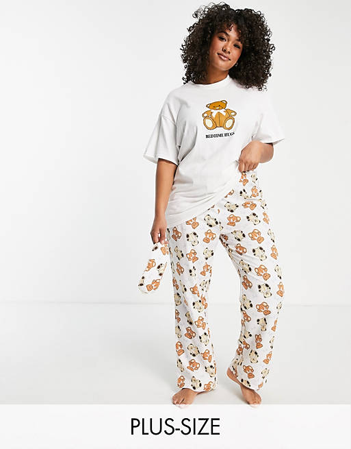 Daisy Street Plus oversized t-shirt and pyjama bottoms set with eye mask in bear print