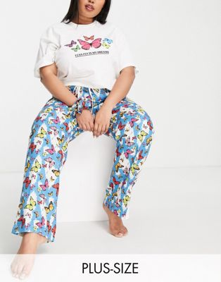 Daisy Street Plus oversized t-shirt and pyjama bottoms set with scrunchie in butterfly print