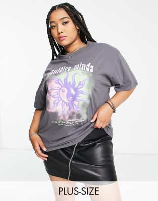 Daisy Street Plus Daisy Street Plus oversized washed t-shirt with yin yang graphic-Grey