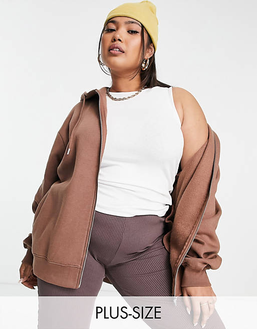  Daisy Street Plus oversized zip front hoodie in brown 