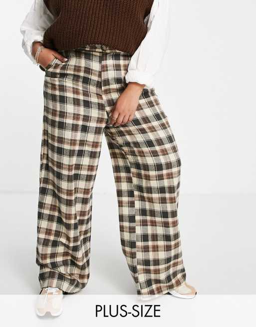 Daisy Street Plus - Pantaloni a fondo ampio a vita alta marrone a quadri