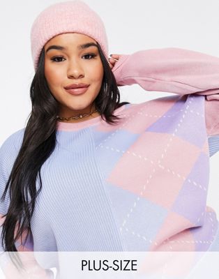 Daisy Street Plus patchwork pastel relaxed knitted jumper