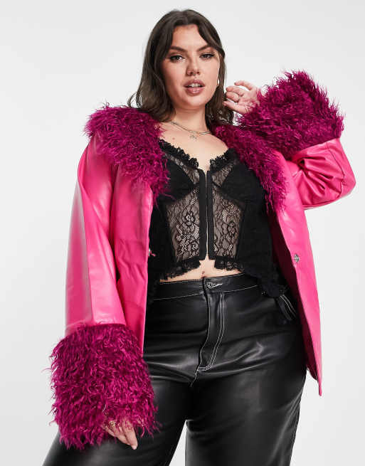Daisy Street Plus pink y2k PU coat with faux fur cuffs and collar