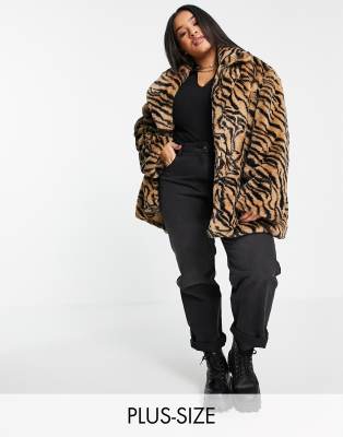 Daisy Street Plus relaxed belted faux fur jacket in tiger