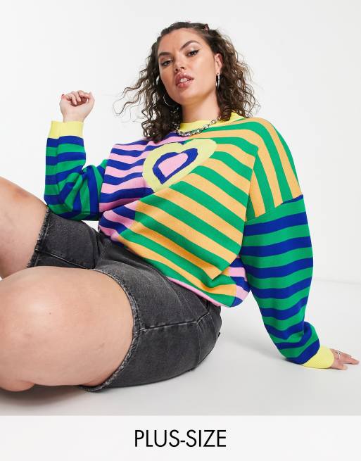 Daisy Street Plus relaxed boxy knit jumper in mix stripe print with heart graphic