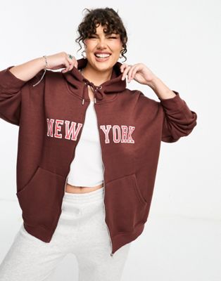 Daisy Street Plus relaxed boyfriend zip front hoodie with red New York graphic