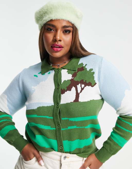 Daisy Street Plus relaxed crop cardigan in landscape print, 3 of 4