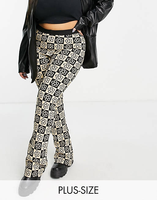 Daisy Street Plus relaxed flares in checkerboard floral knit co-ord