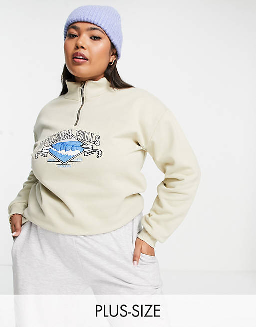 Daisy Street Plus relaxed funnel neck zip sweatshirt with niagara falls graphic