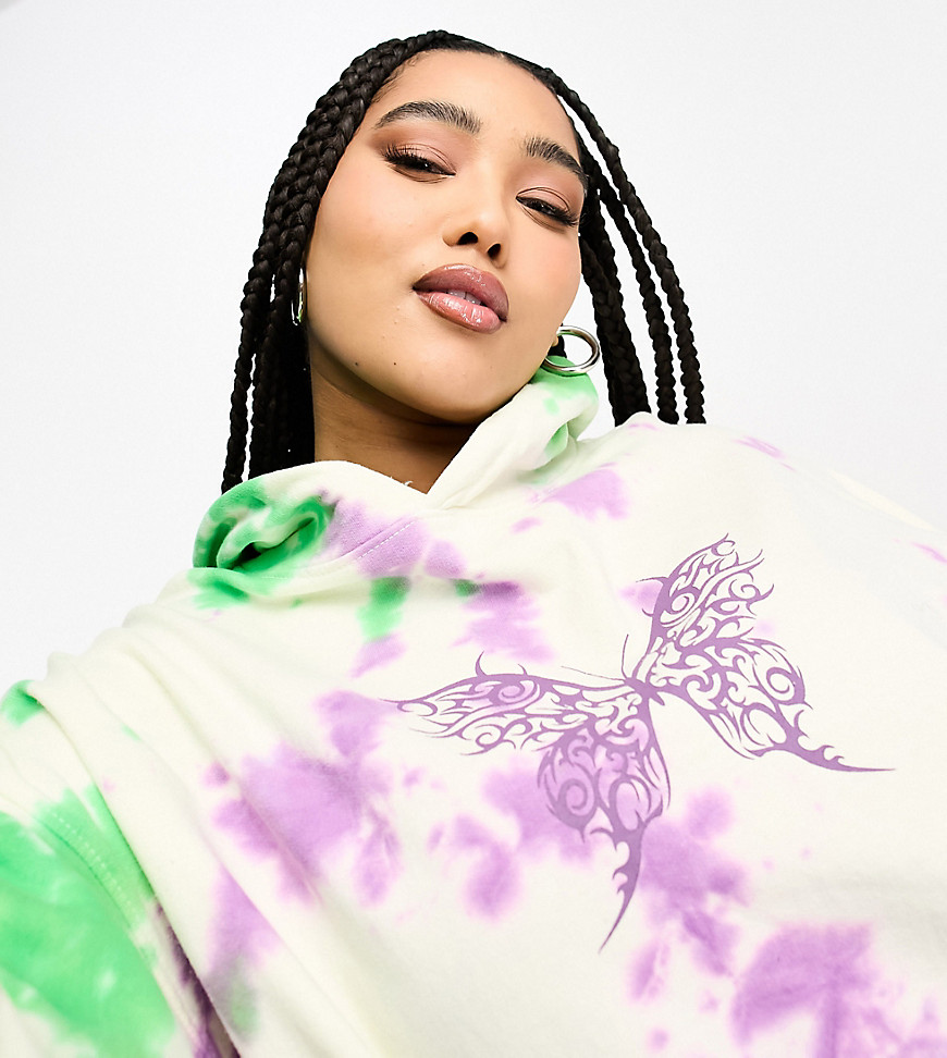 Daisy Street Plus relaxed hoodie in tie dye with butterfly graphic-White