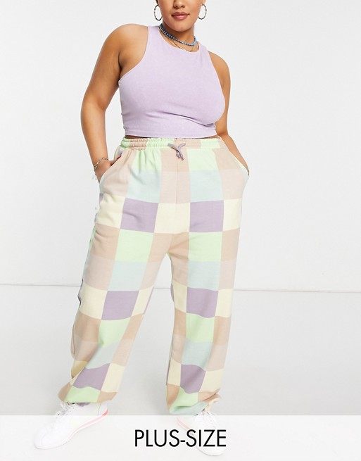 Daisy Street Plus relaxed joggers in patchwork pastel co-ord