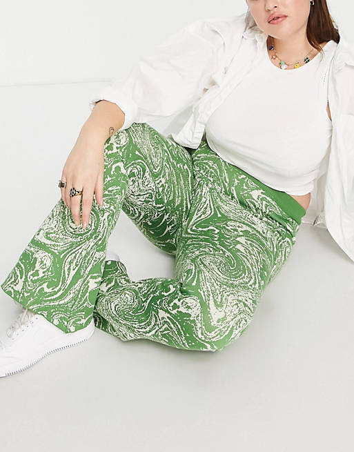 Women Daisy Street Plus relaxed knitted flares in green marble co-ord 