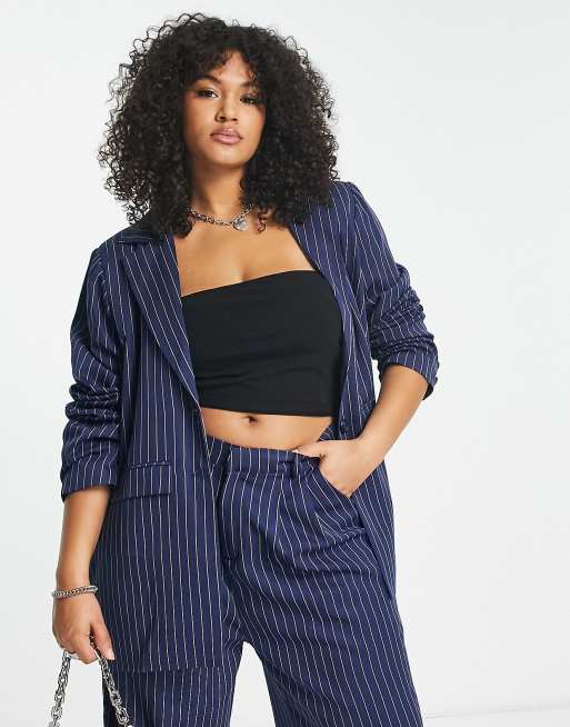 Daisy Street Plus relaxed oversized blazer in blue pinstripe (part of a set)