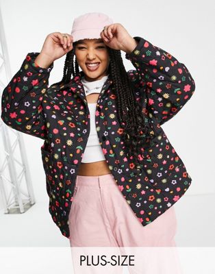 relaxed puffer jacket in multi floral print-Black