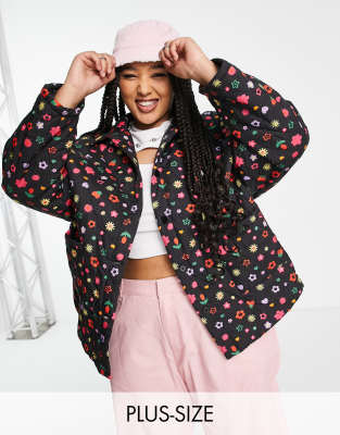 Daisy Street Plus relaxed puffer jacket in multi floral print-Black