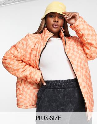 Daisy Street Plus relaxed puffer jacket in orange wavy print - ASOS Price Checker