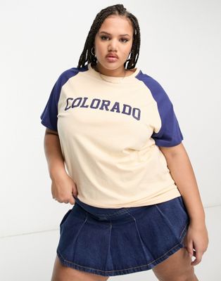 Daisy Street Plus relaxed raglan t-shirt with embroidered colorado graphic
