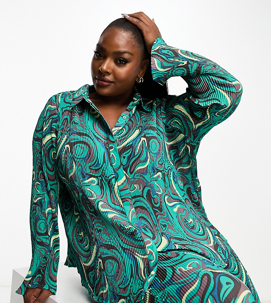 Daisy Street Plus relaxed shirt in plisse swirl co-ord-Green