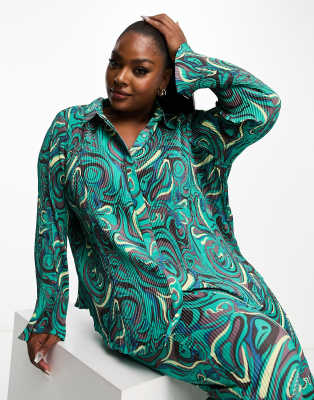 relaxed shirt in plisse swirl - part of a set-Green