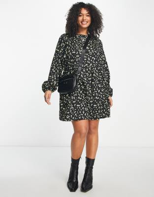 Daisy Street Plus relaxed smock dress in grunge floral-Black