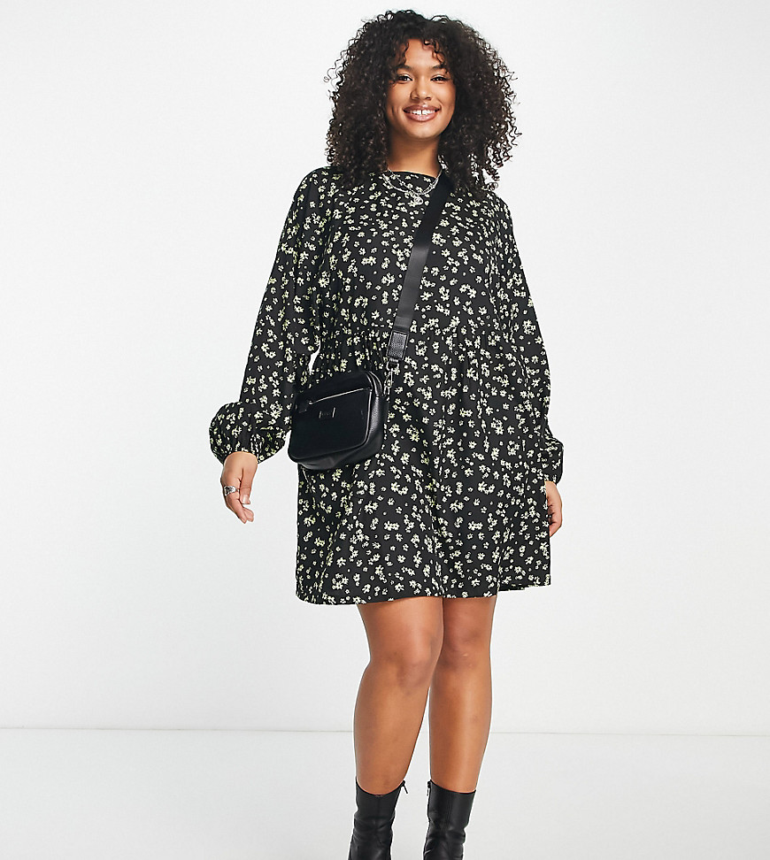 Daisy Street Plus relaxed smock dress in grunge floral-Black