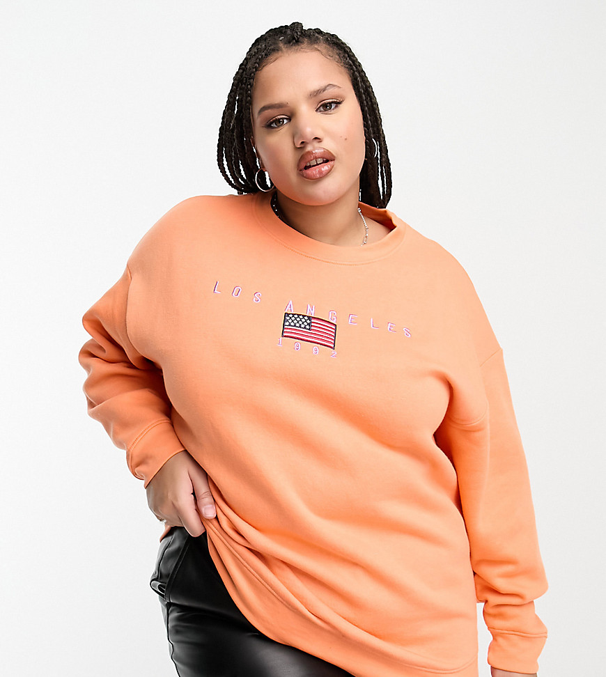 Tops by Daisy Street Plus Act casual Crew neck Drop shoulders Text and flag embroidery Relaxed fit