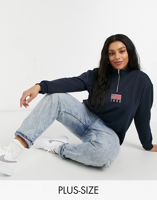 Daisy Street Plus relaxed sweatshirt with half zip and flag embroidery