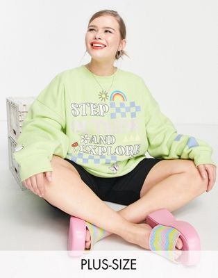 Daisy Street Plus relaxed sweatshirt with mix retro graphics in lime - ASOS Price Checker