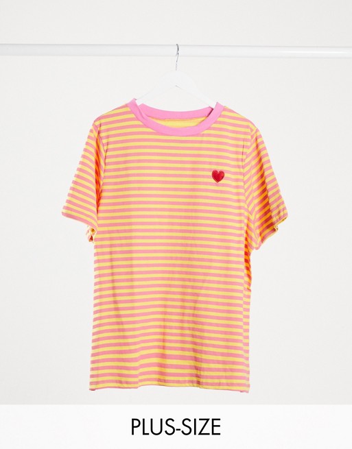 Daisy Street Plus relaxed t-shirt with heart embroidery in bright stripe