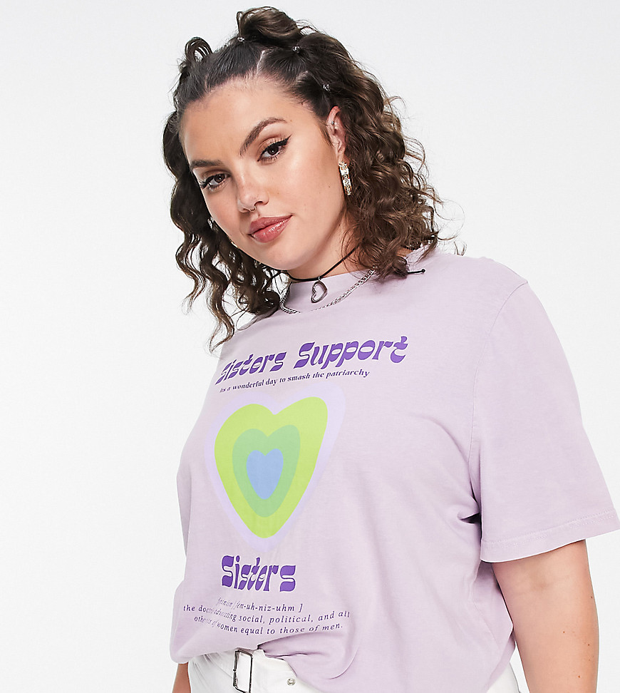 Daisy Street Plus relaxed T-shirt with 'Sisters Support' retro wavy graphic-Purple
