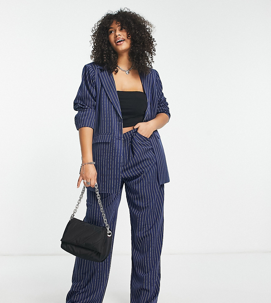 Daisy Street Plus relaxed tailored trousers in blue pinstripe co-ord