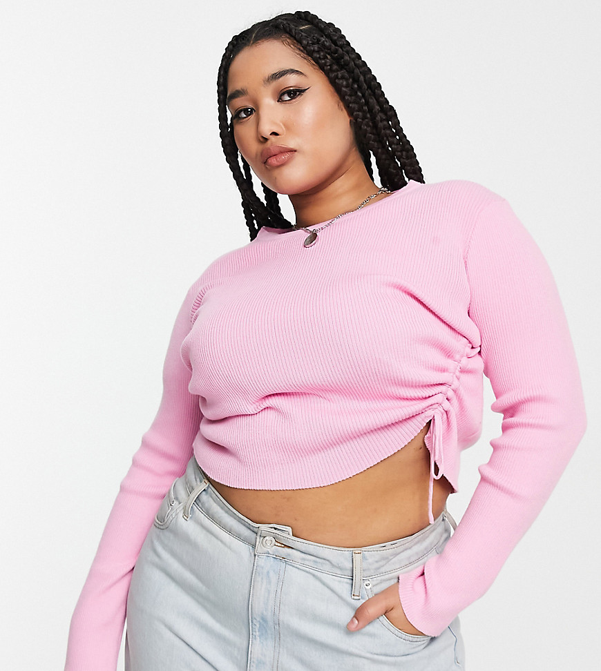 Daisy Street Plus rib knit crop top in pink with drawstring side