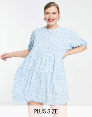 Daisy Street Plus mini smock dress in baby blue floral - ASOS Price Checker